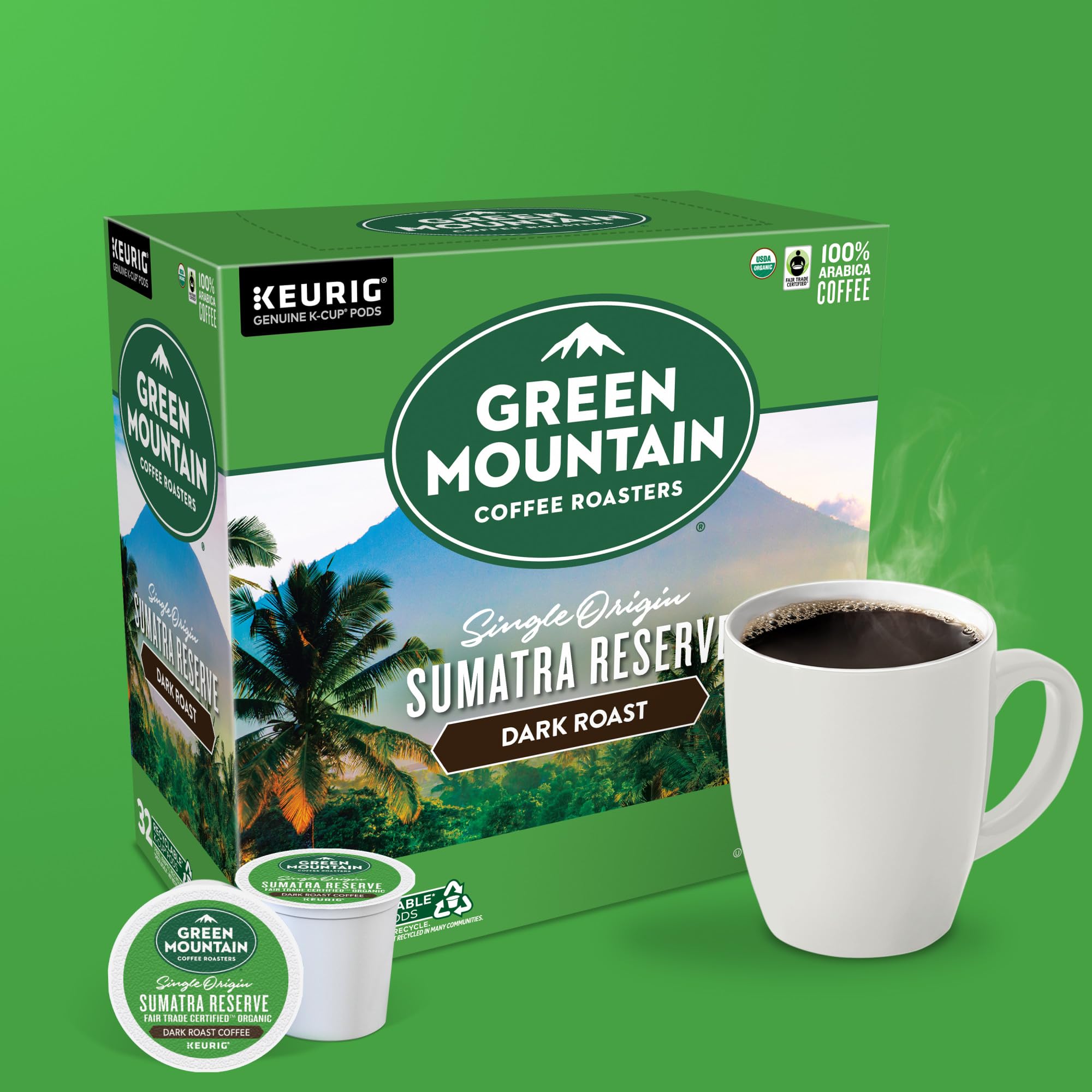 Green Mountain etiqueta con certificaciones Fair Trade y USDA Organic visibles