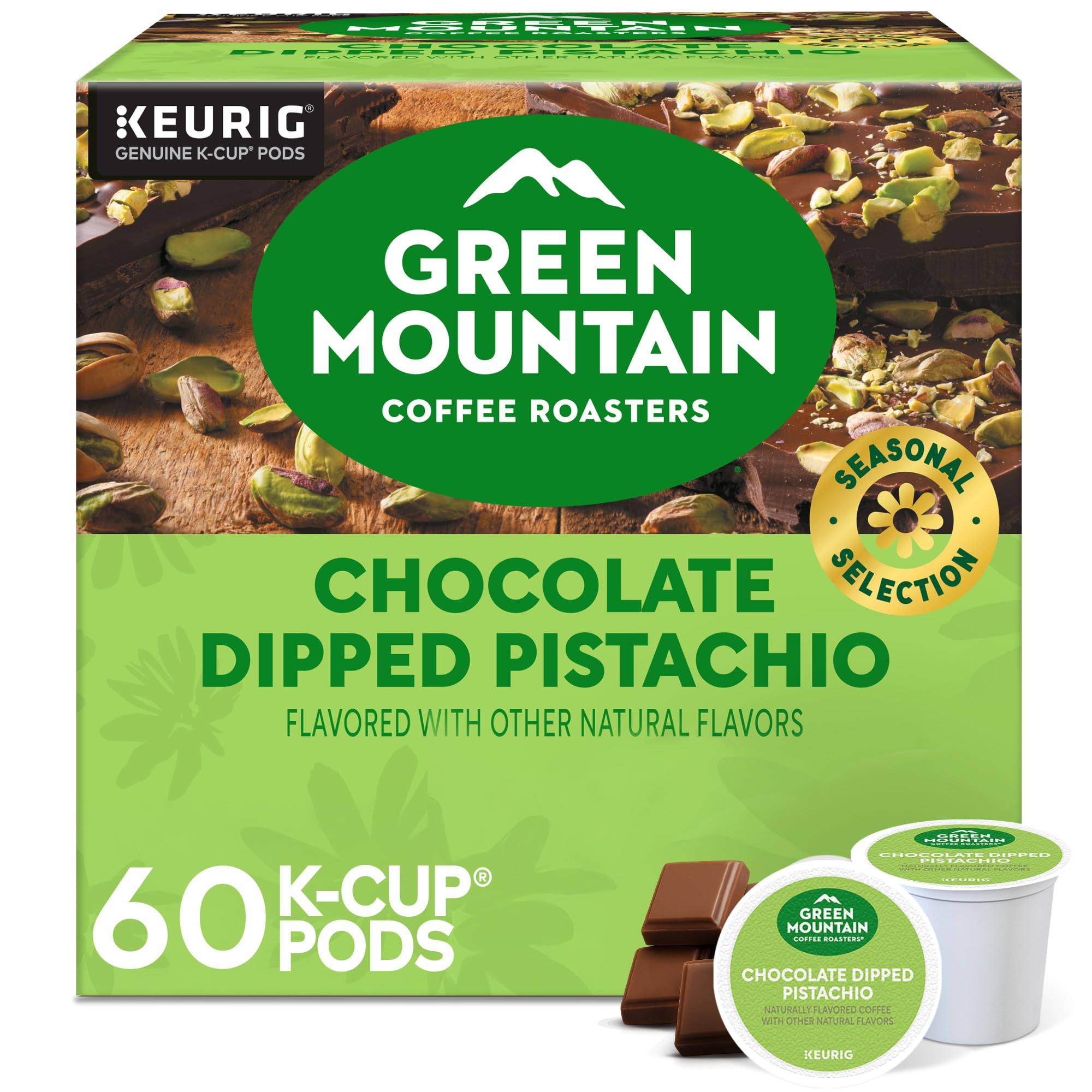 Green Mountain empaque frontal muestra edición limitada y sabor pistacho chocolate
