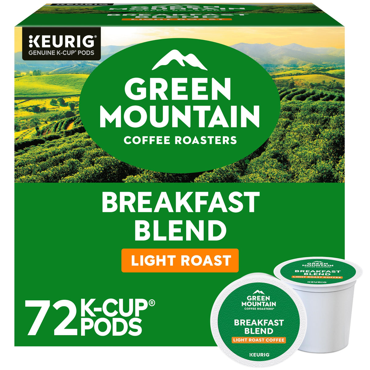 Green Mountain Coffee Roasters frente del empaque mostrando 72 cápsulas y beneficios