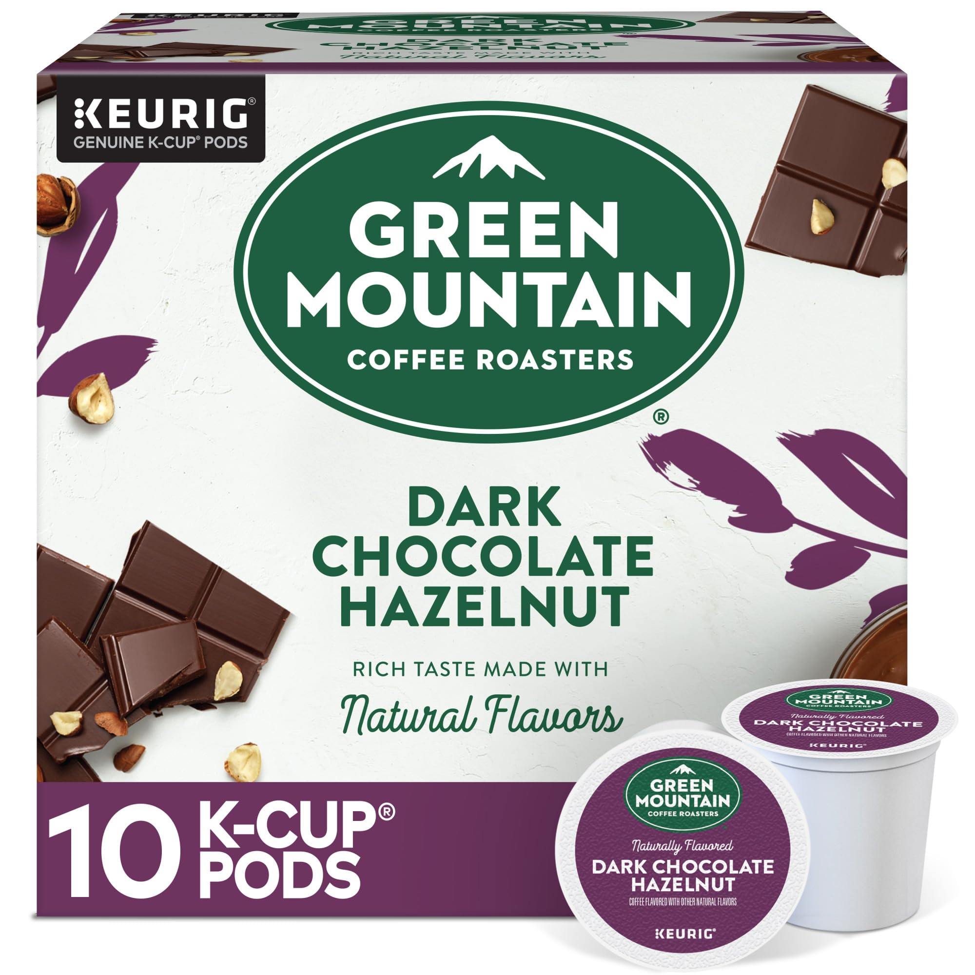 Green Mountain Coffee Roasters paquete frontal mostrando sabor chocolate oscuro y avellana