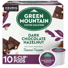 Green Mountain Coffee Roasters paquete frontal mostrando sabor chocolate oscuro y avellana