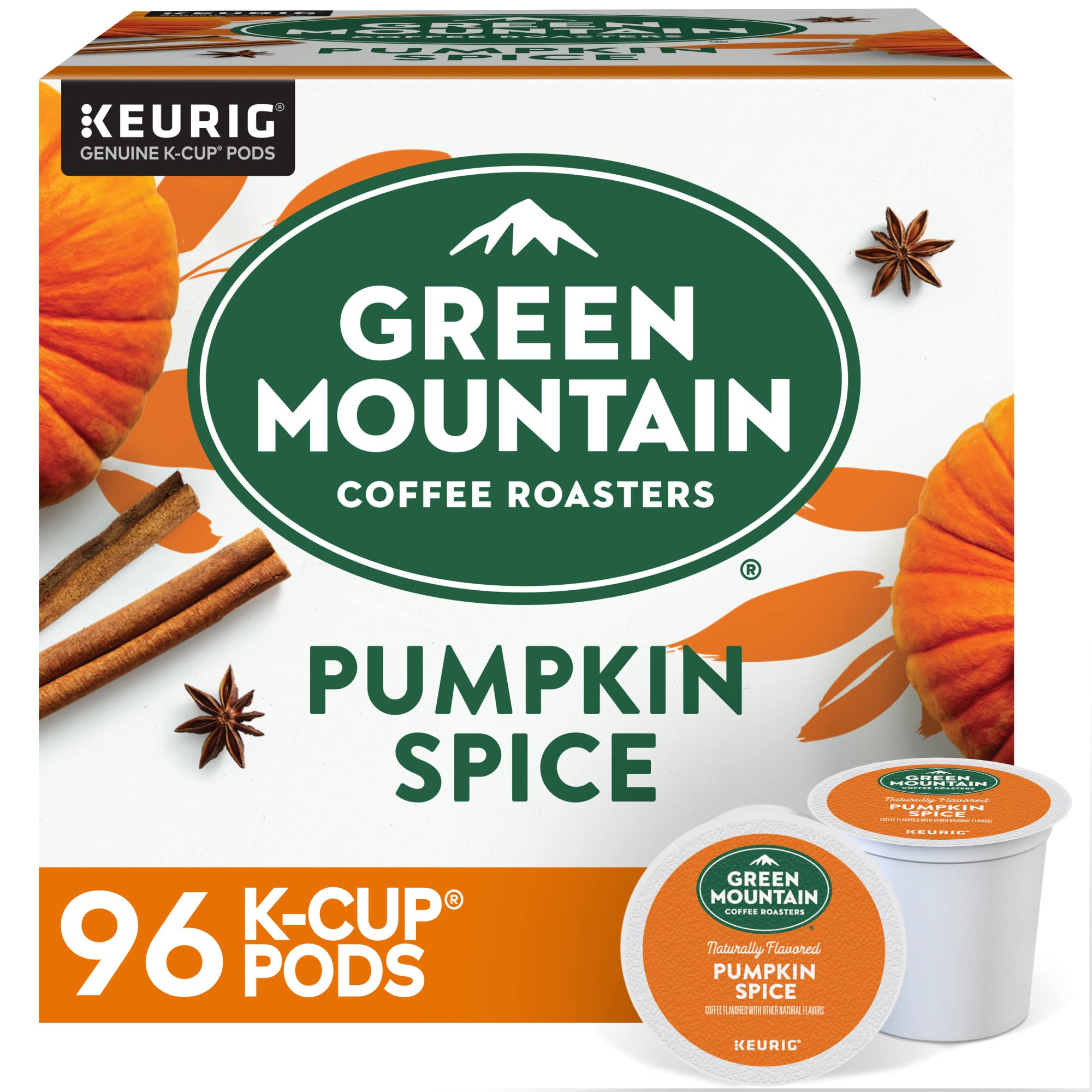 Green Mountain Coffee Roasters embalaje frontal mostrando sabor Pumpkin Spice y conveniencia