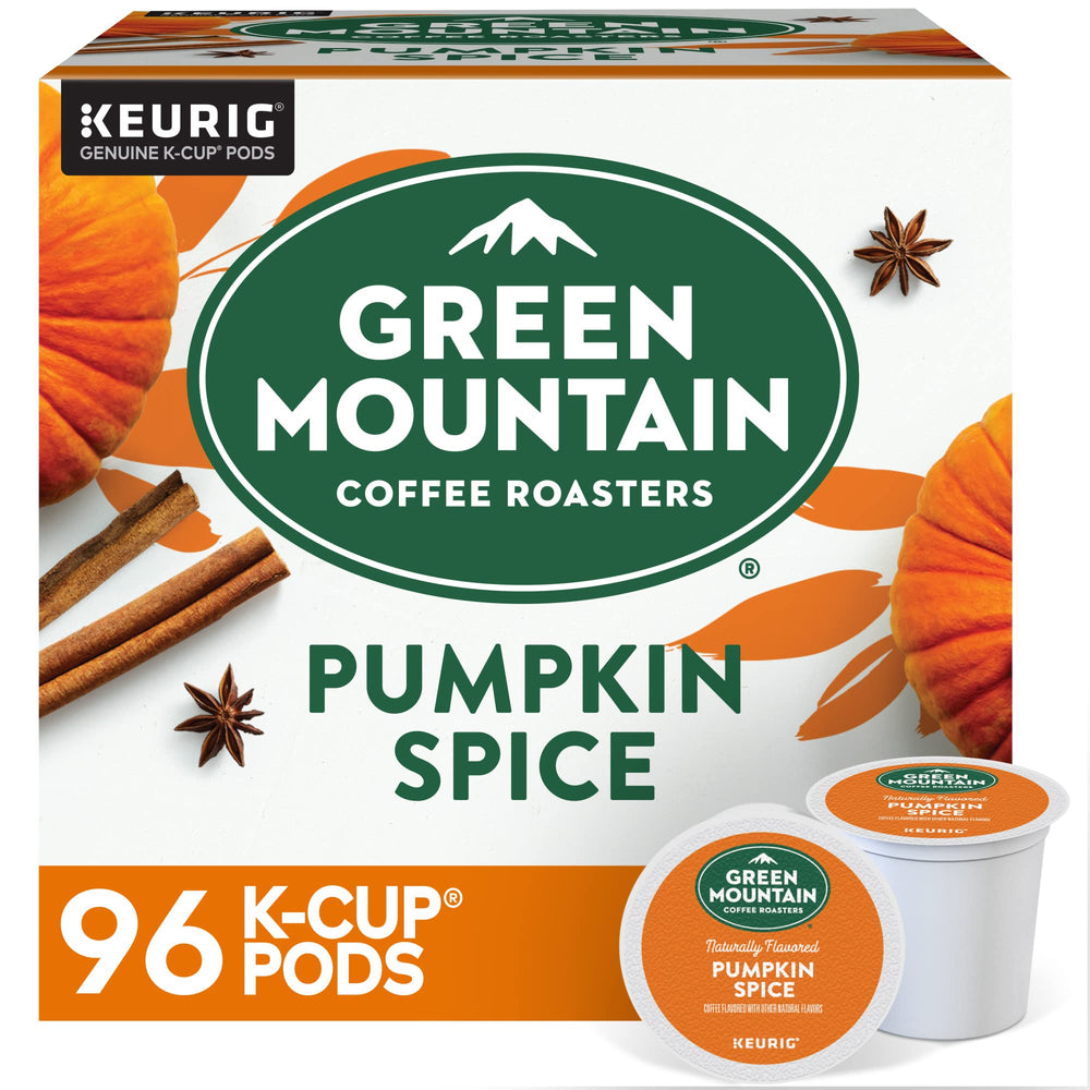 Green Mountain Coffee Roasters embalaje frontal mostrando sabor Pumpkin Spice y conveniencia