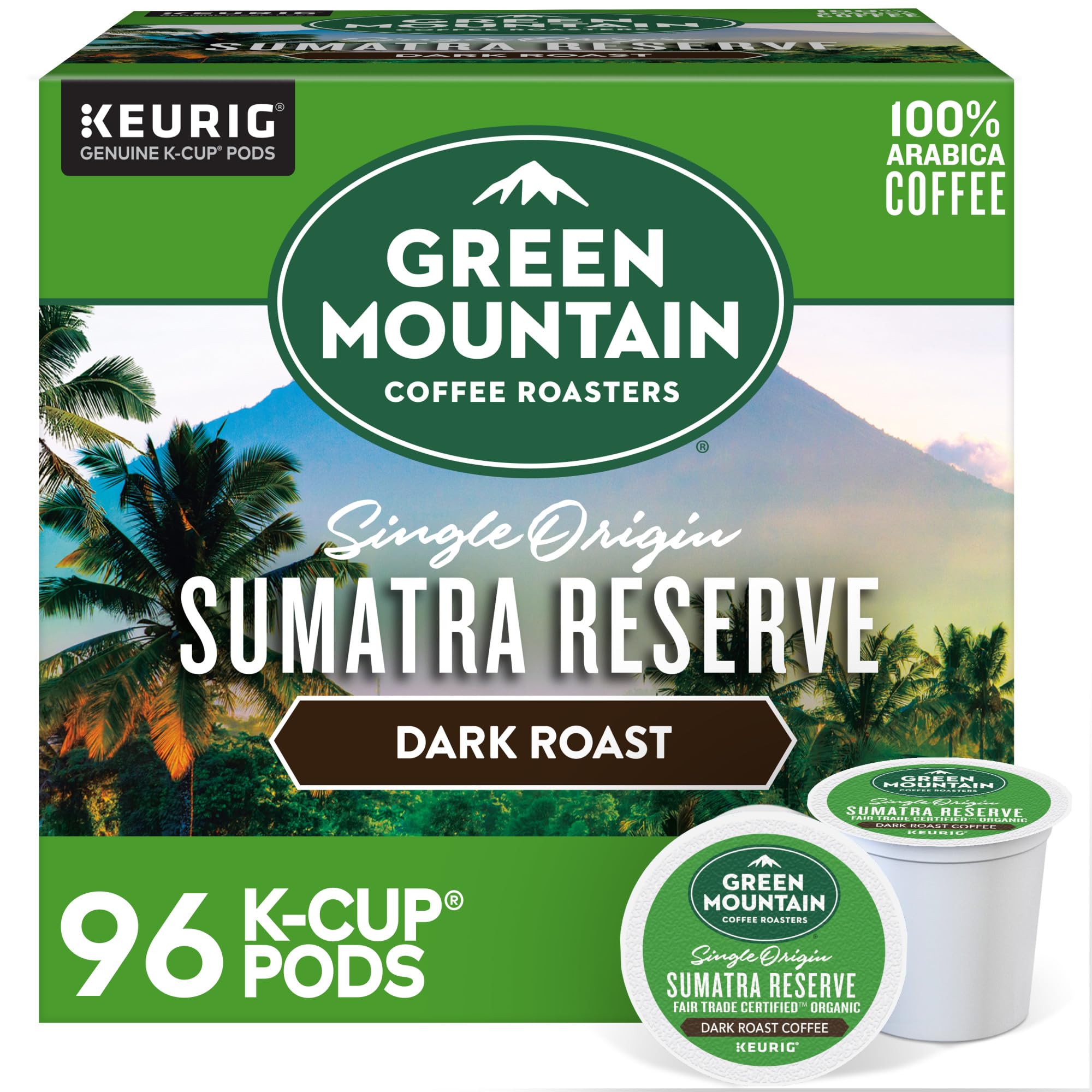 Green Mountain Coffee Roasters empaque frontal mostrando 96 cápsulas y beneficio conveniencia