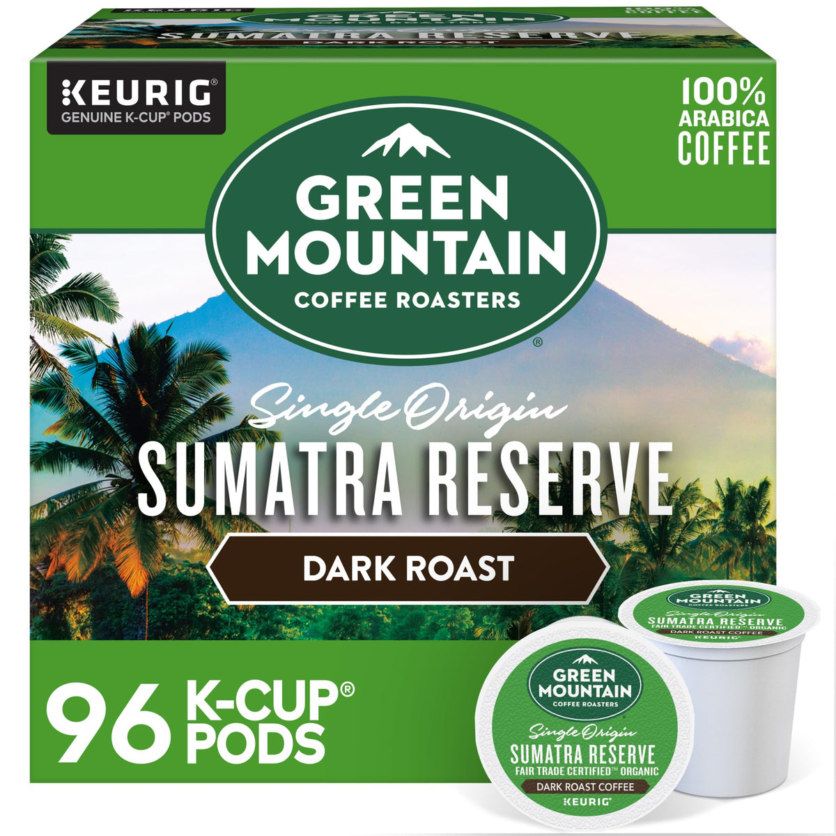 Green Mountain Coffee Roasters empaque frontal mostrando 96 cápsulas y beneficio conveniencia