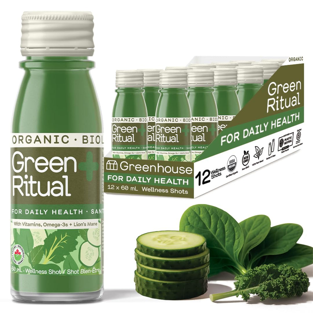 GREENHOUSE JUICE CO. frontal del pack de 12 shots refrescante y práctico