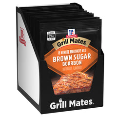 Grill Mates paquete frontal mostrando sobres Brown Sugar Bourbon y beneficios de sabor