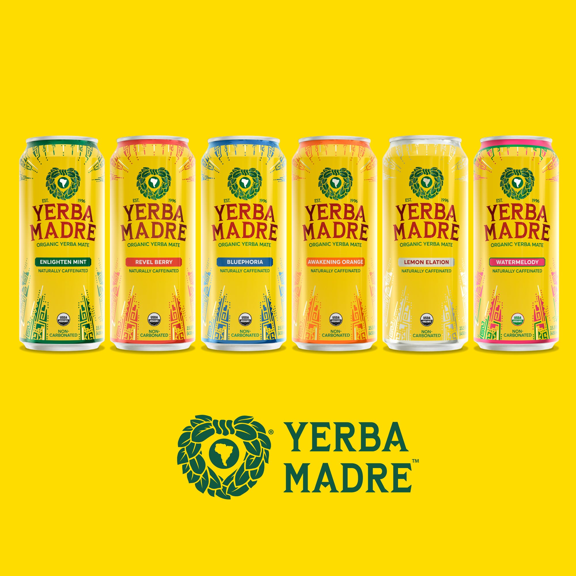 Guayaki Yerba Madre lata sobre fondo forestal ilustrando origen regenerativo
