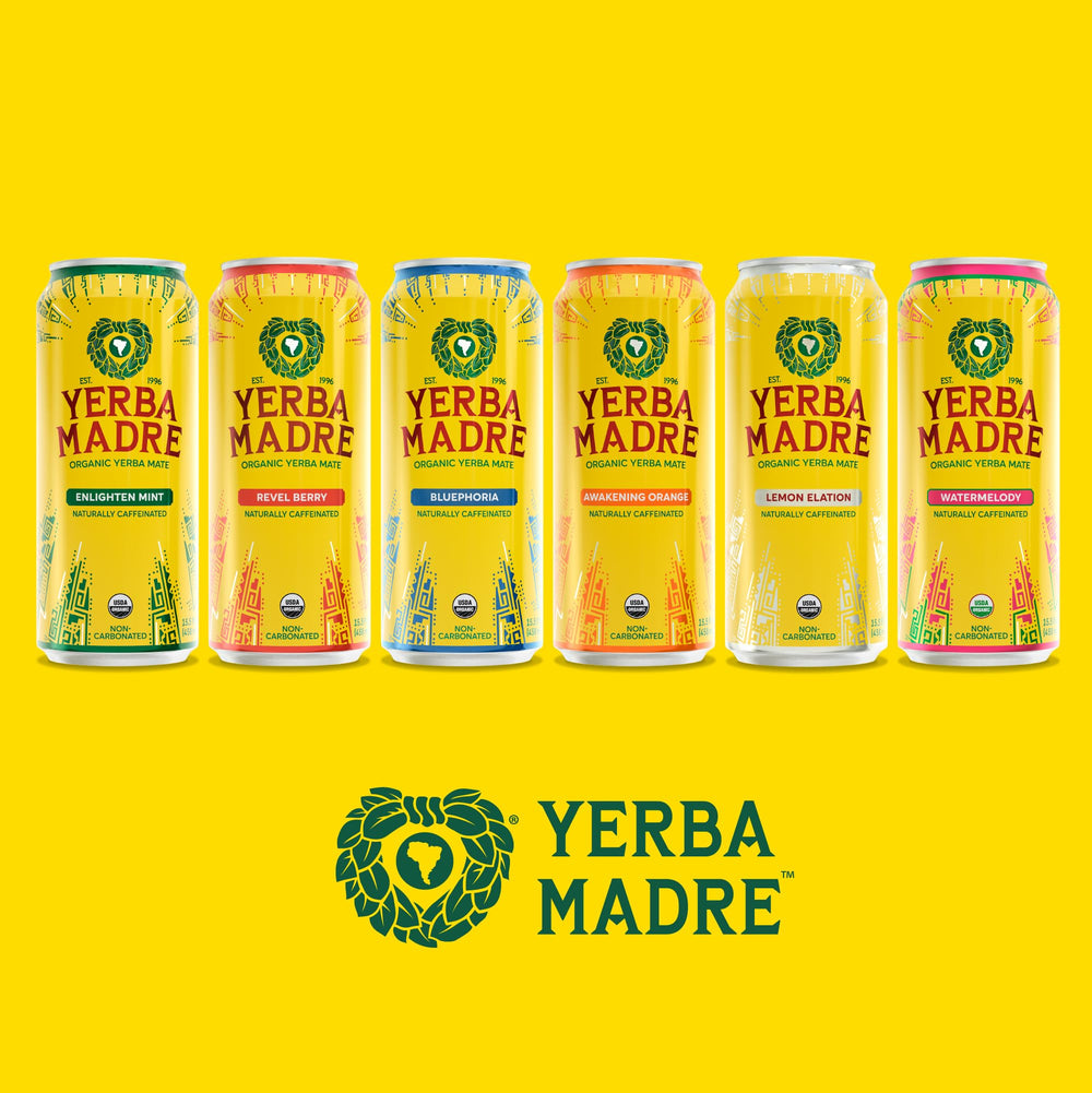 Guayaki Yerba Madre lata sobre fondo forestal ilustrando origen regenerativo