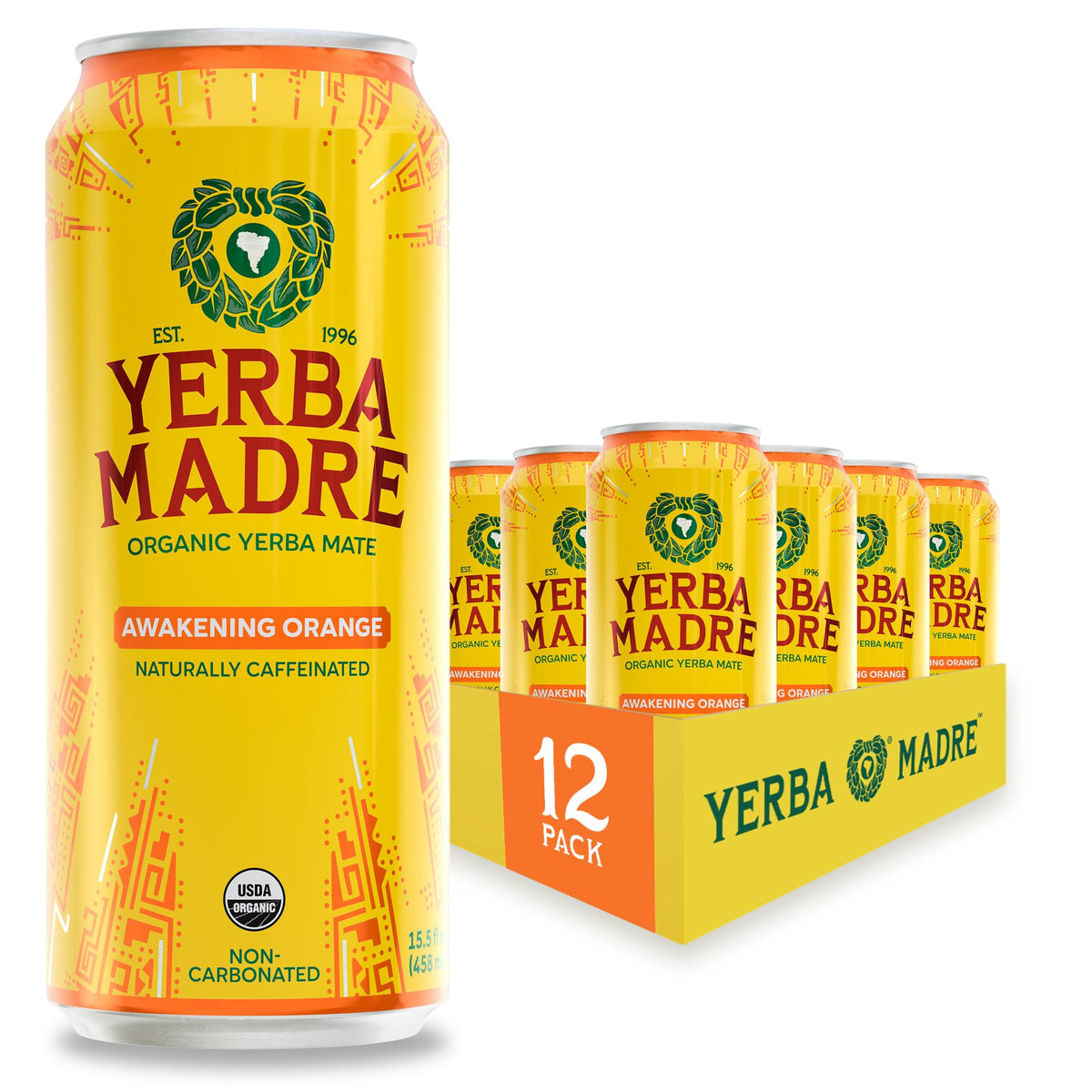 Guayaki Yerba Madre vista frontal de la lata que muestra diseño y tamaño