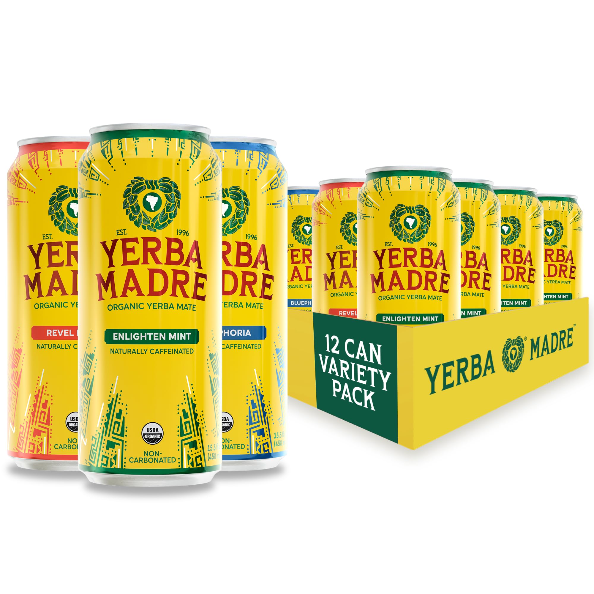 Guayaki Yerba Madre pack frontal mostrando las 12 latas y beneficios