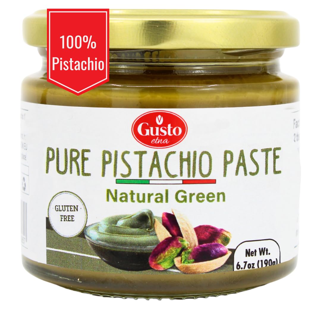 GUSTO ETNA frasco delantero mostrando la crema de pistacho puras y naturalidad