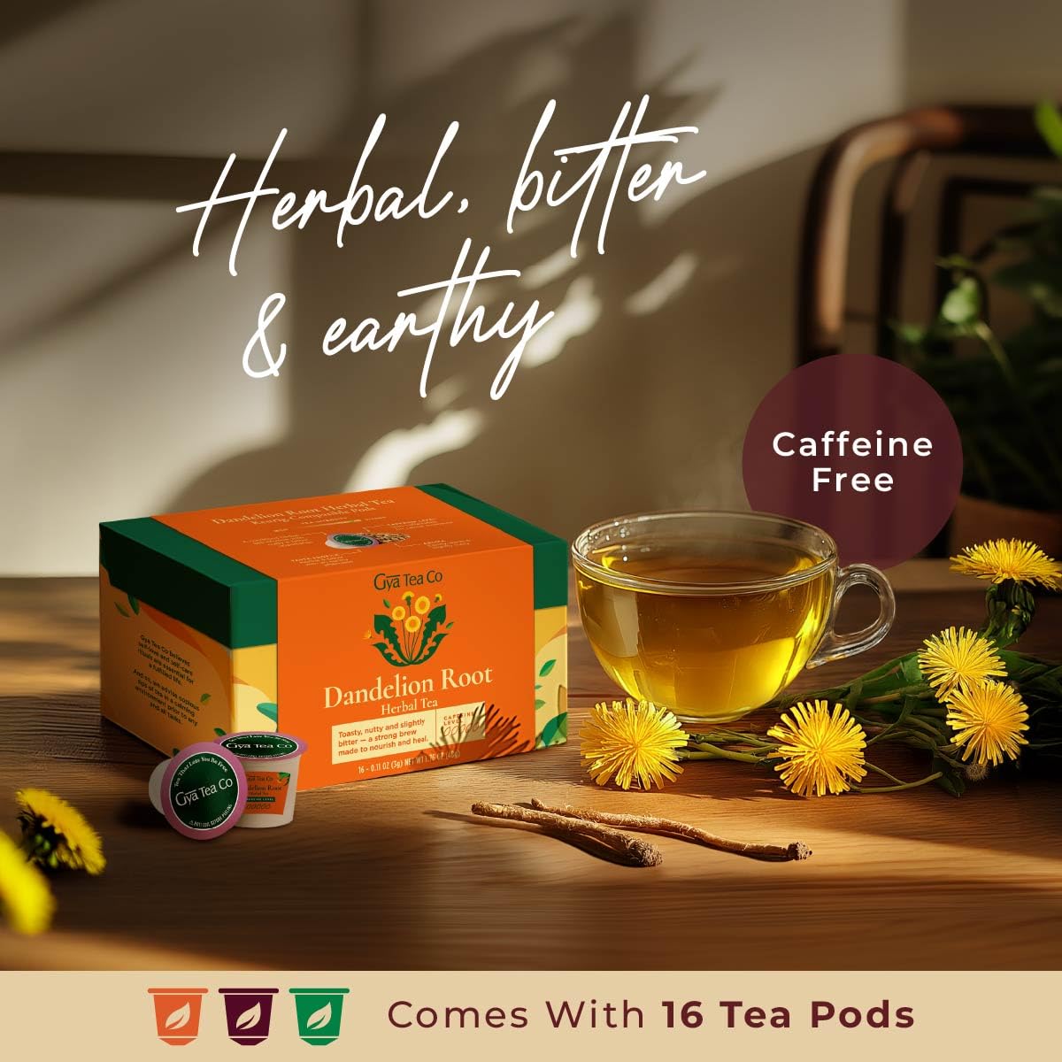 Gya Tea Co detalle de cápsula y textura de mezcla, calidad artesanal visible