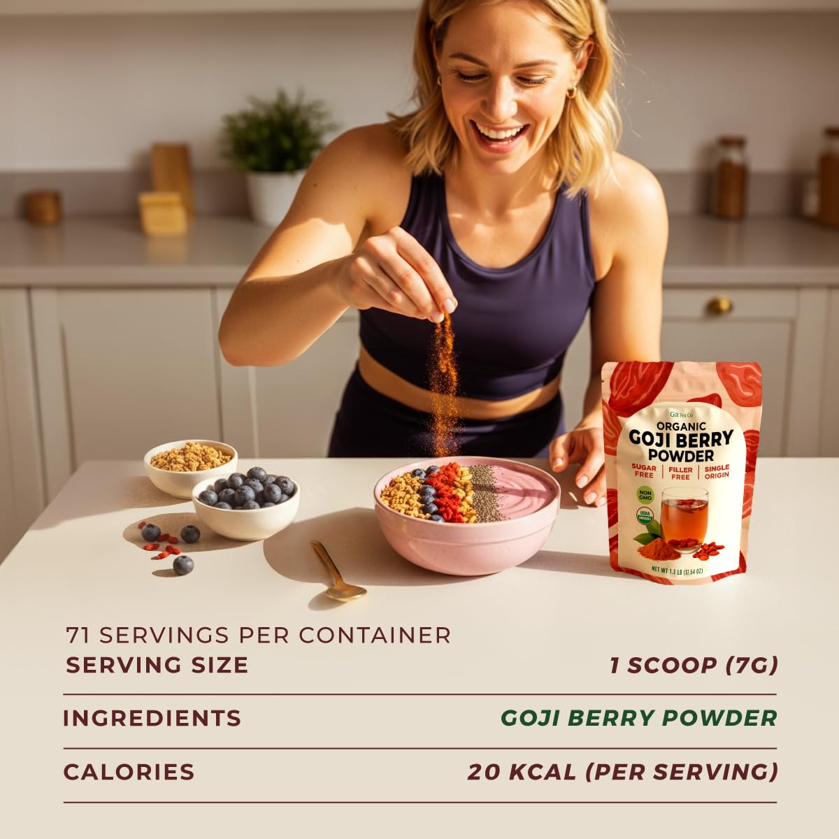 Gya Tea Co bolsa junto a objeto para escala, indica volumen de 1.1 lb