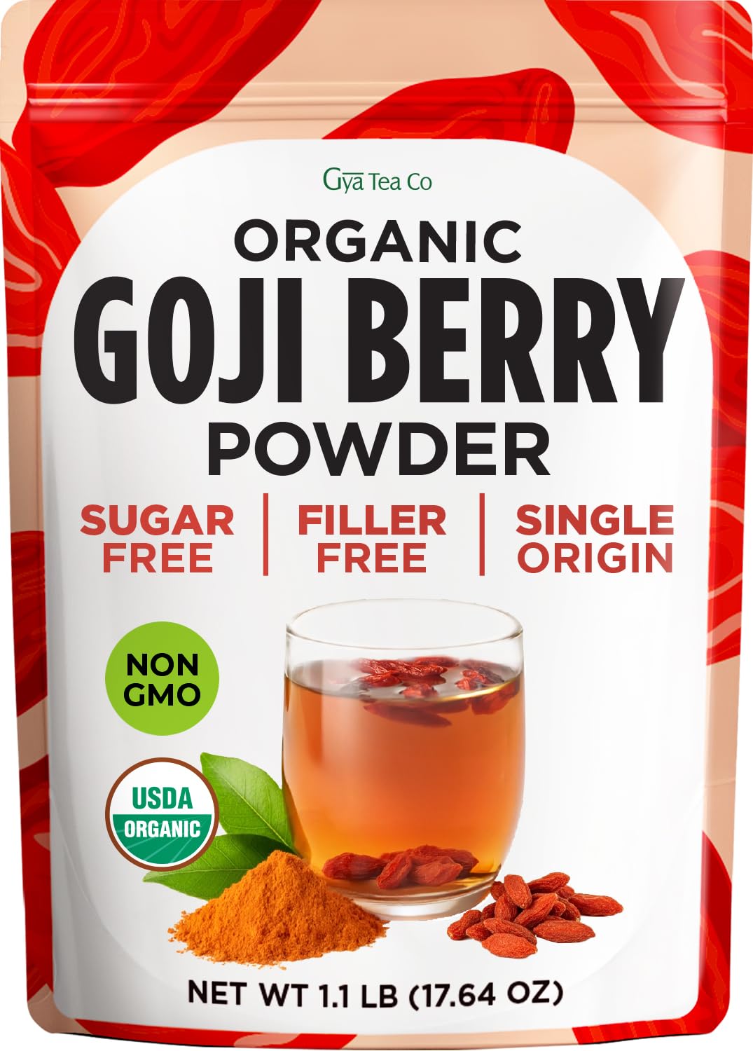 Gya Tea Co paquete frontal mostrando tamaño y diseño, fácil identificación