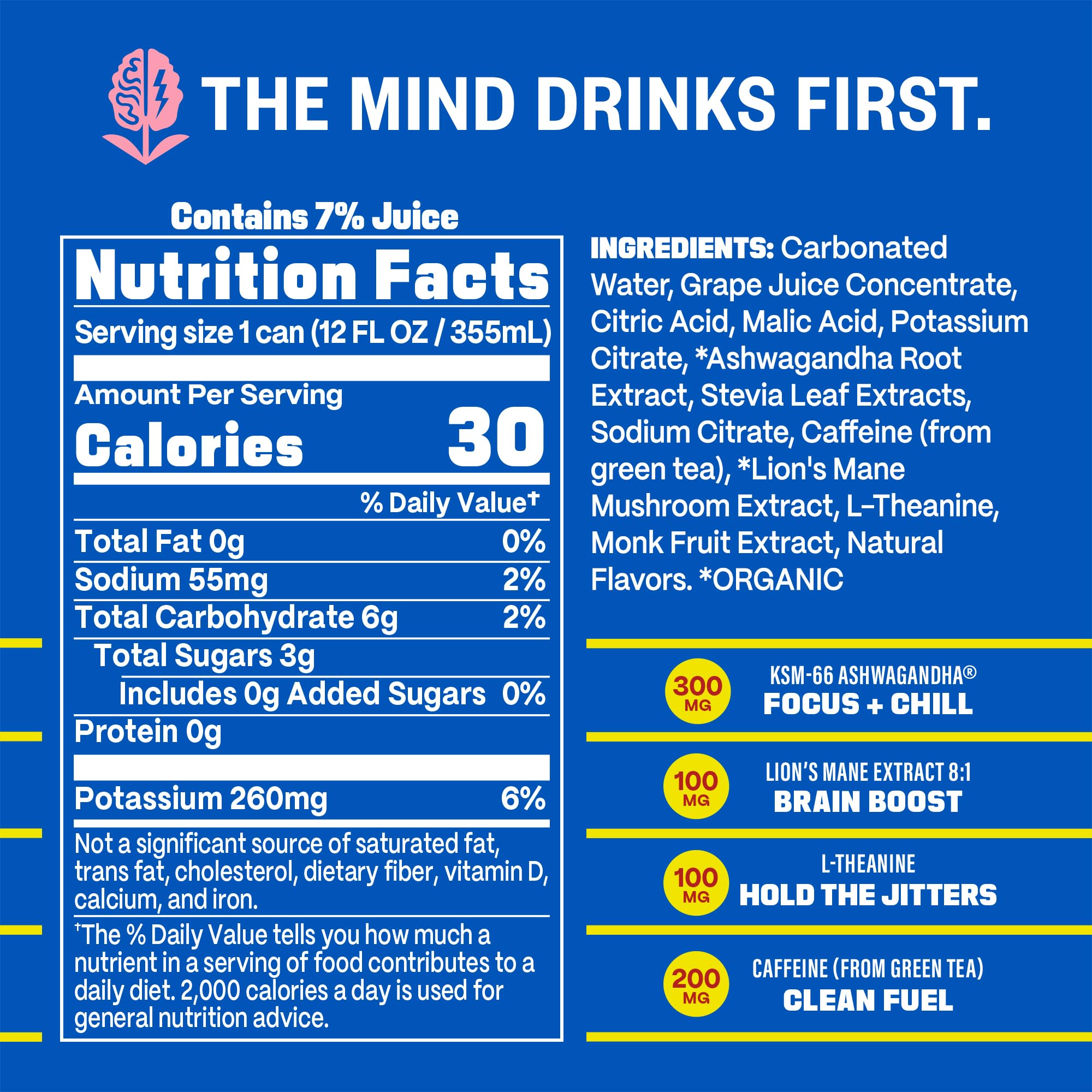 GYM SODA etiqueta con ingredientes destacando adaptógenos y cafeína clara