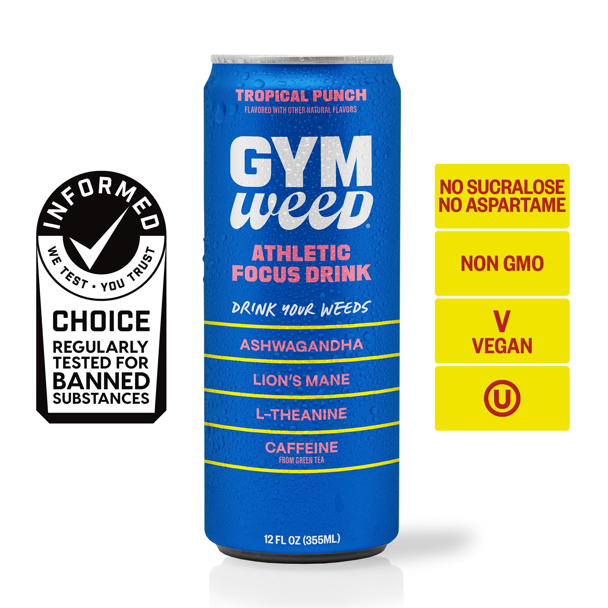 GYM SODA lata en ambiente playero sugiriendo sabor Tropical Punch refrescante
