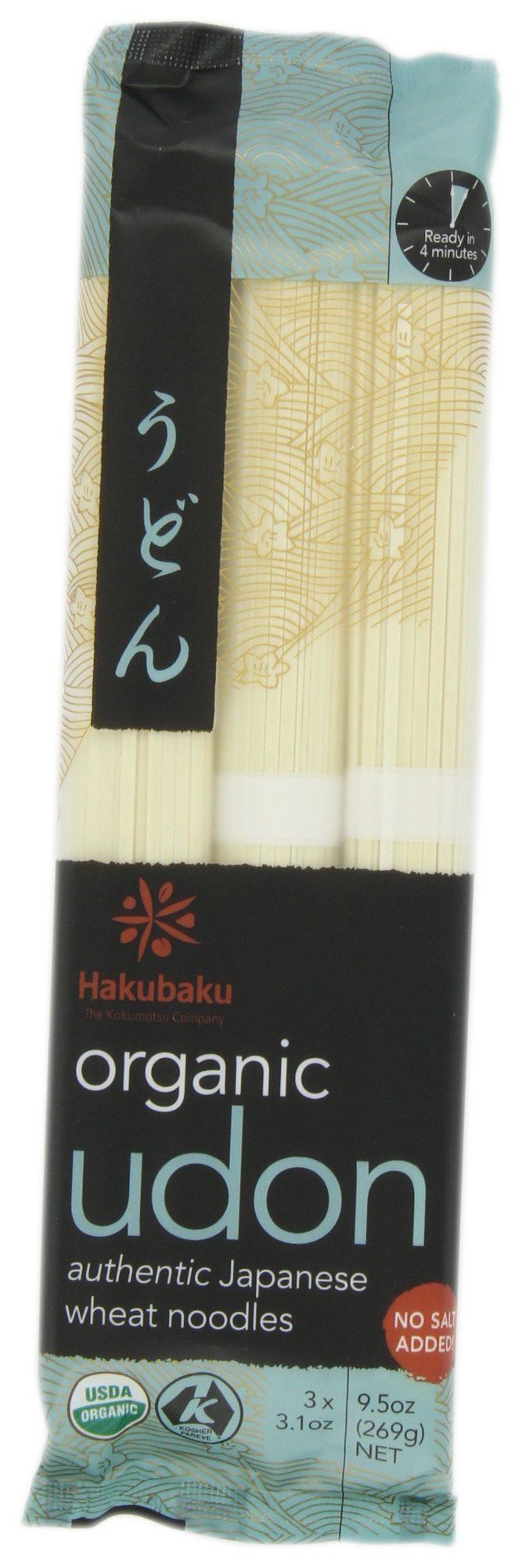 Hakubaku paquete frontal de udon orgánico mostrando etiqueta y beneficio orgánico