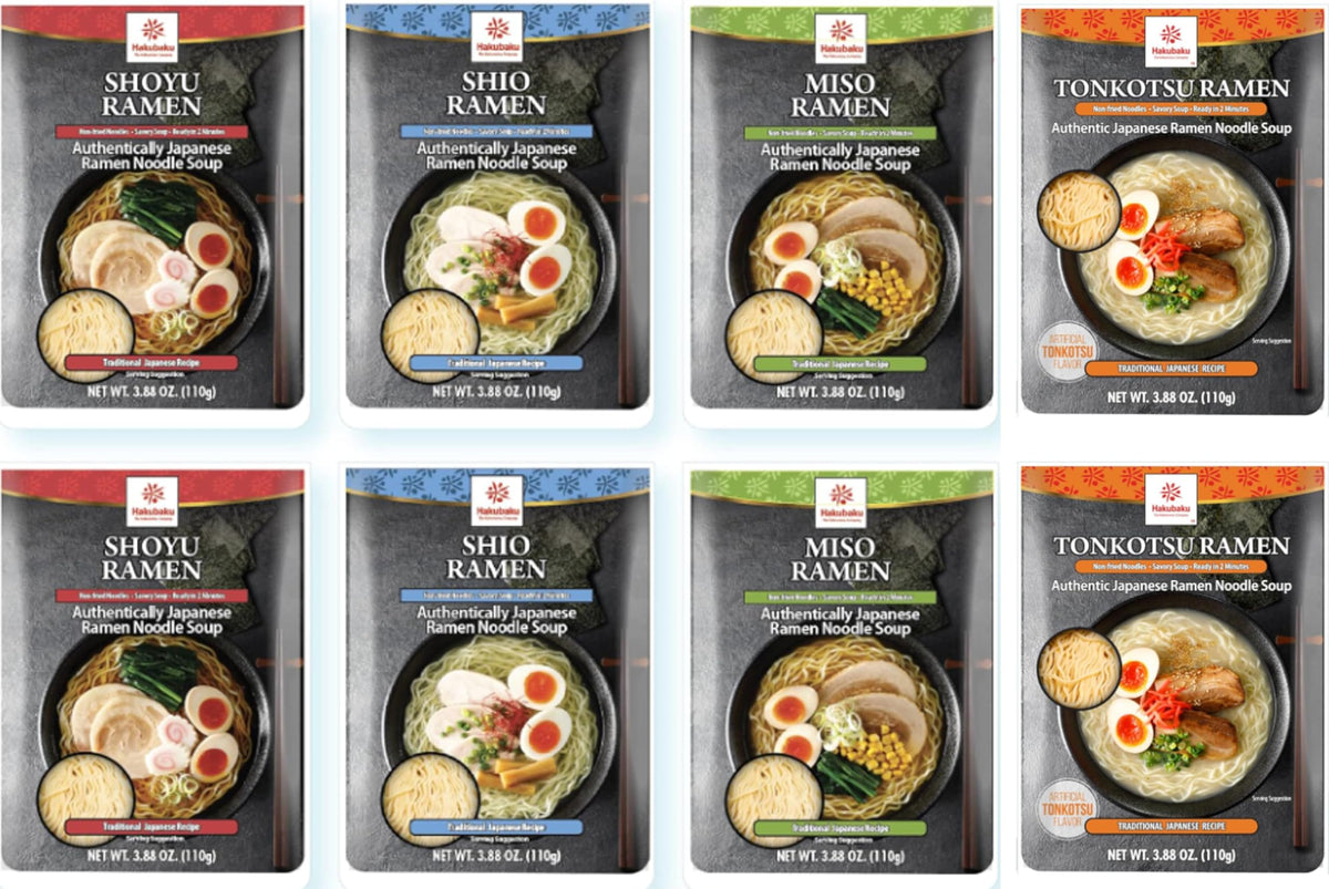 Hakubaku paquete frente mostrando 8 porciones y variedad de sabores para cenas rápidas