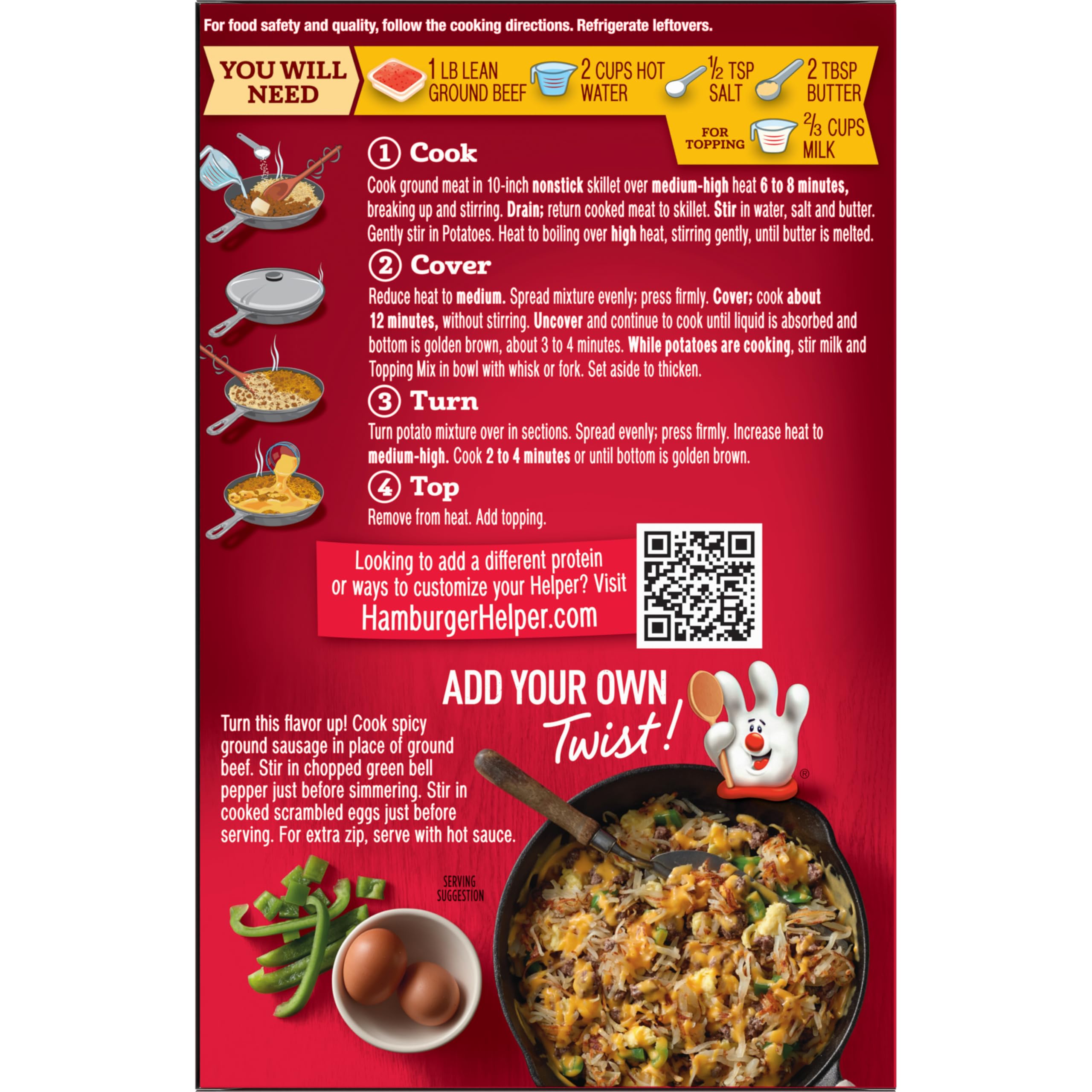 Hamburger Helper etiqueta de ingredientes explicando papas reales y queso