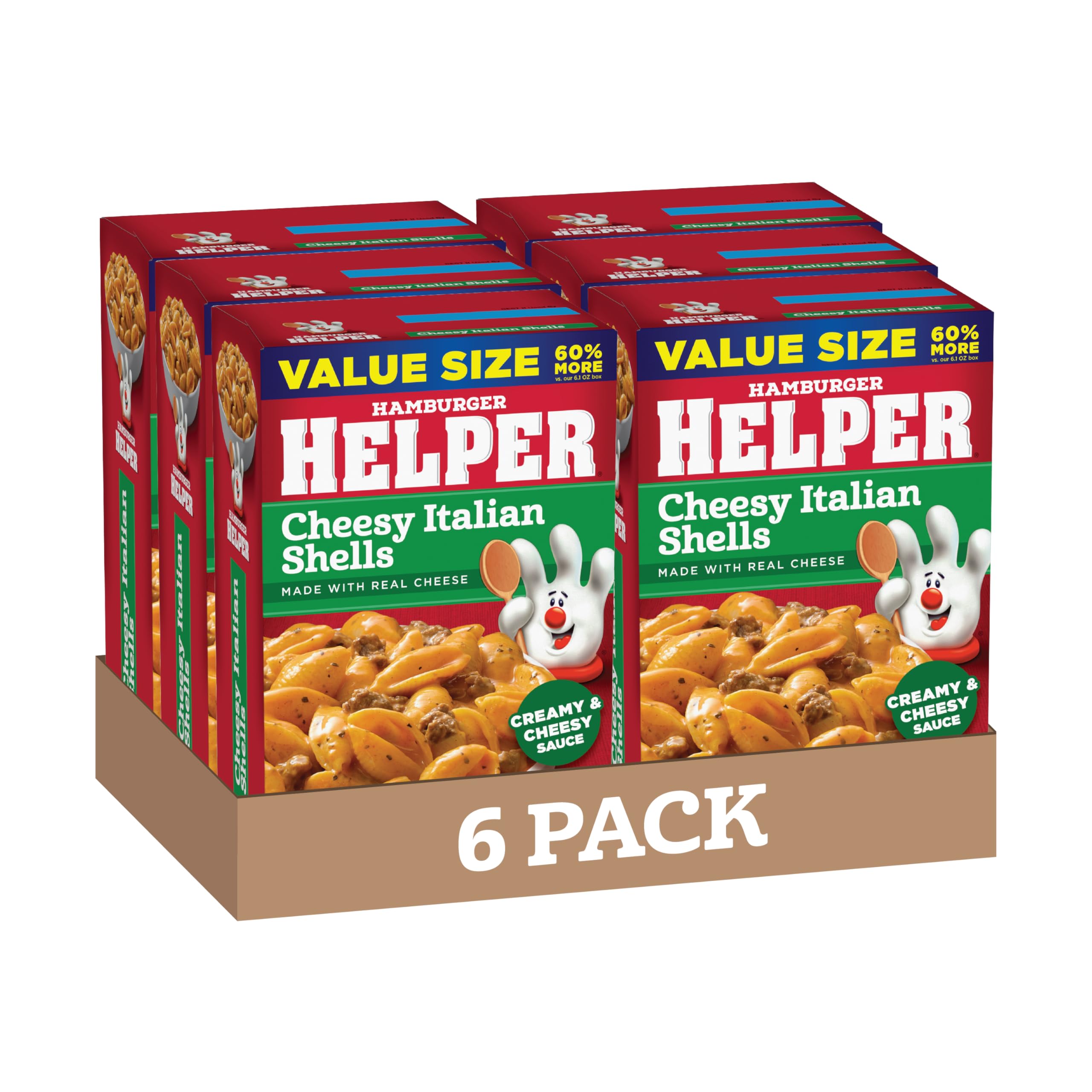 Hamburger Helper empaque frontal mostrando paquete y beneficio práctica
