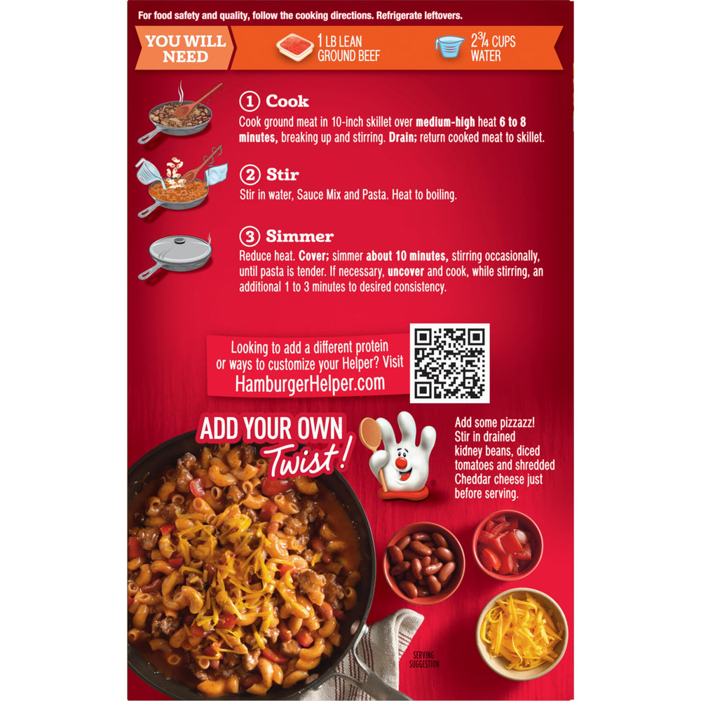Hamburger Helper porción servida con toppings y aspecto familiar