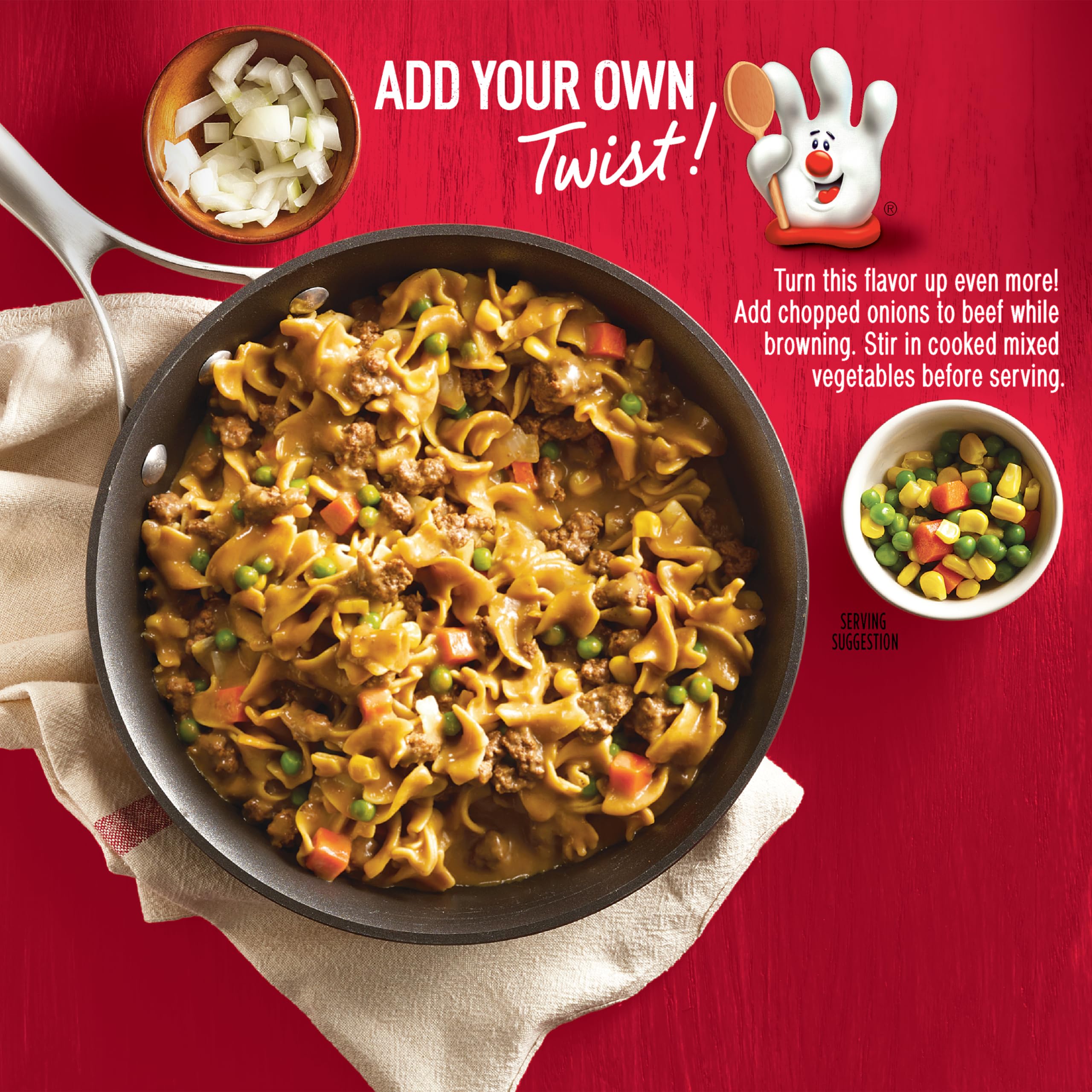 Hamburger Helper porción en plato junto a cubiertos, tamaño ideal para familias