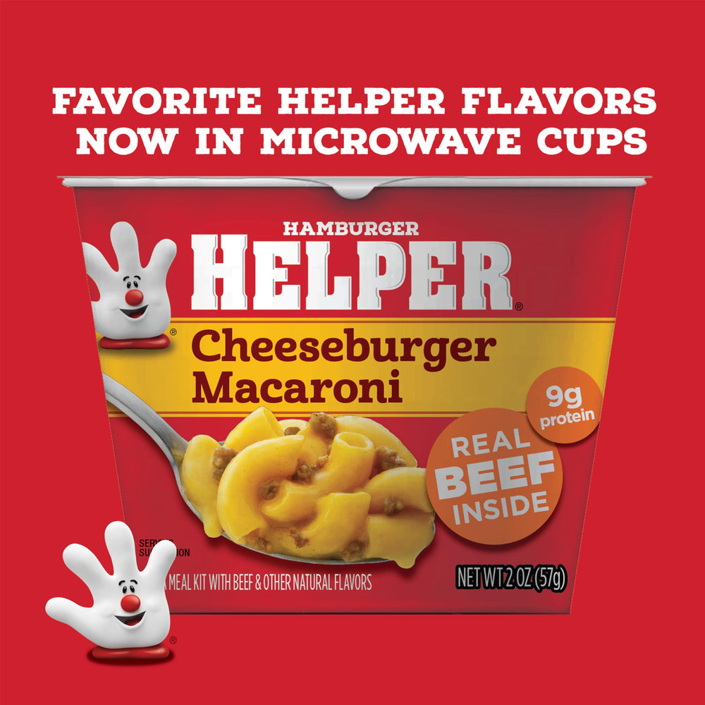 Hamburger Helper vaso junto a una regla para comparar tamaño de porción portátil