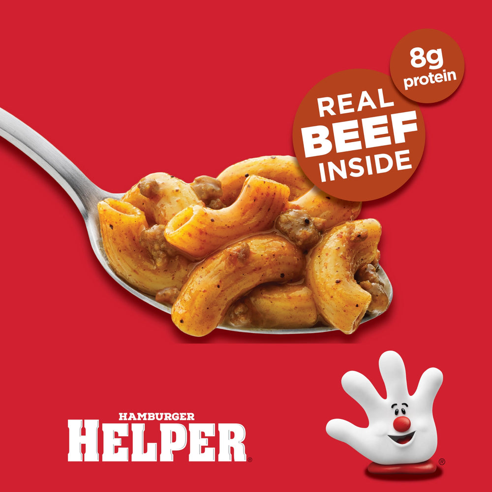 Hamburger Helper taza junto a una regla para comparar tamaño y porción práctica