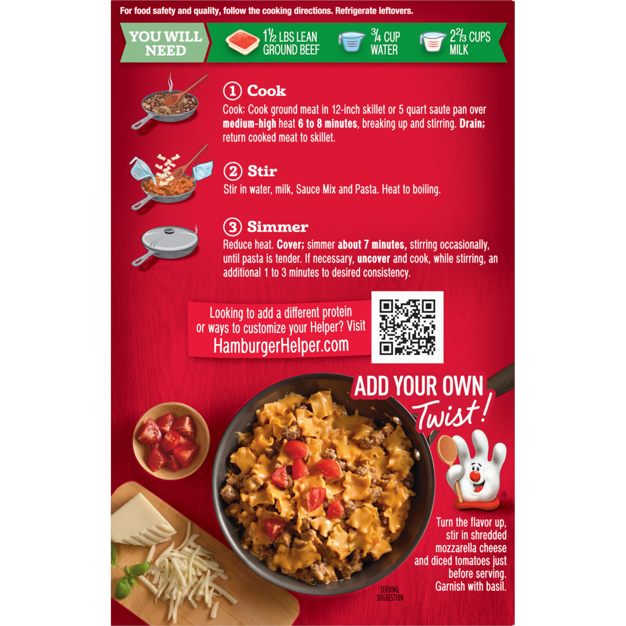Hamburger Helper sartén con carne y pasta listo en tres pasos y ventaja de preparación fácil