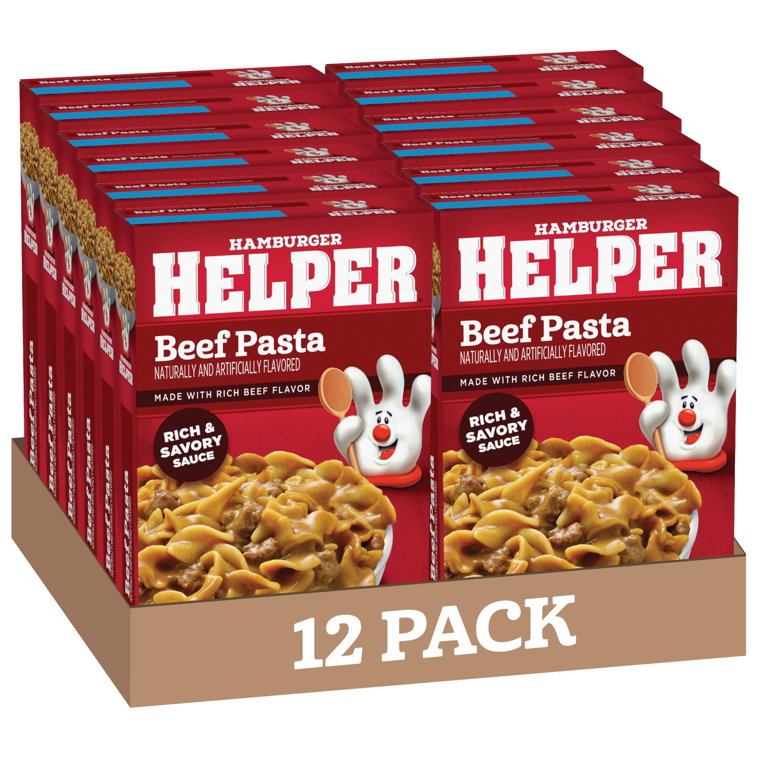 Hamburger Helper paquete frontal mostrando caja y marca, fácil elección para despensa