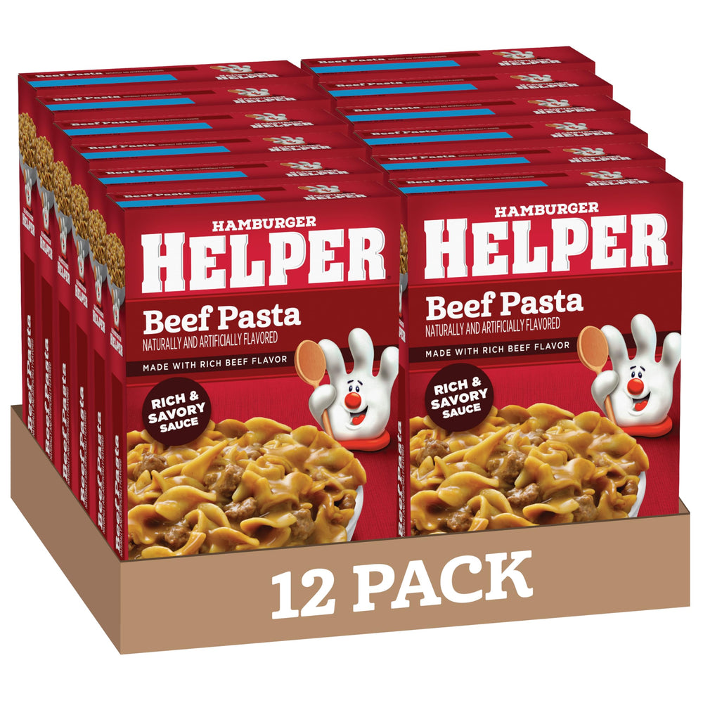 Hamburger Helper paquete frontal mostrando caja y marca, fácil elección para despensa