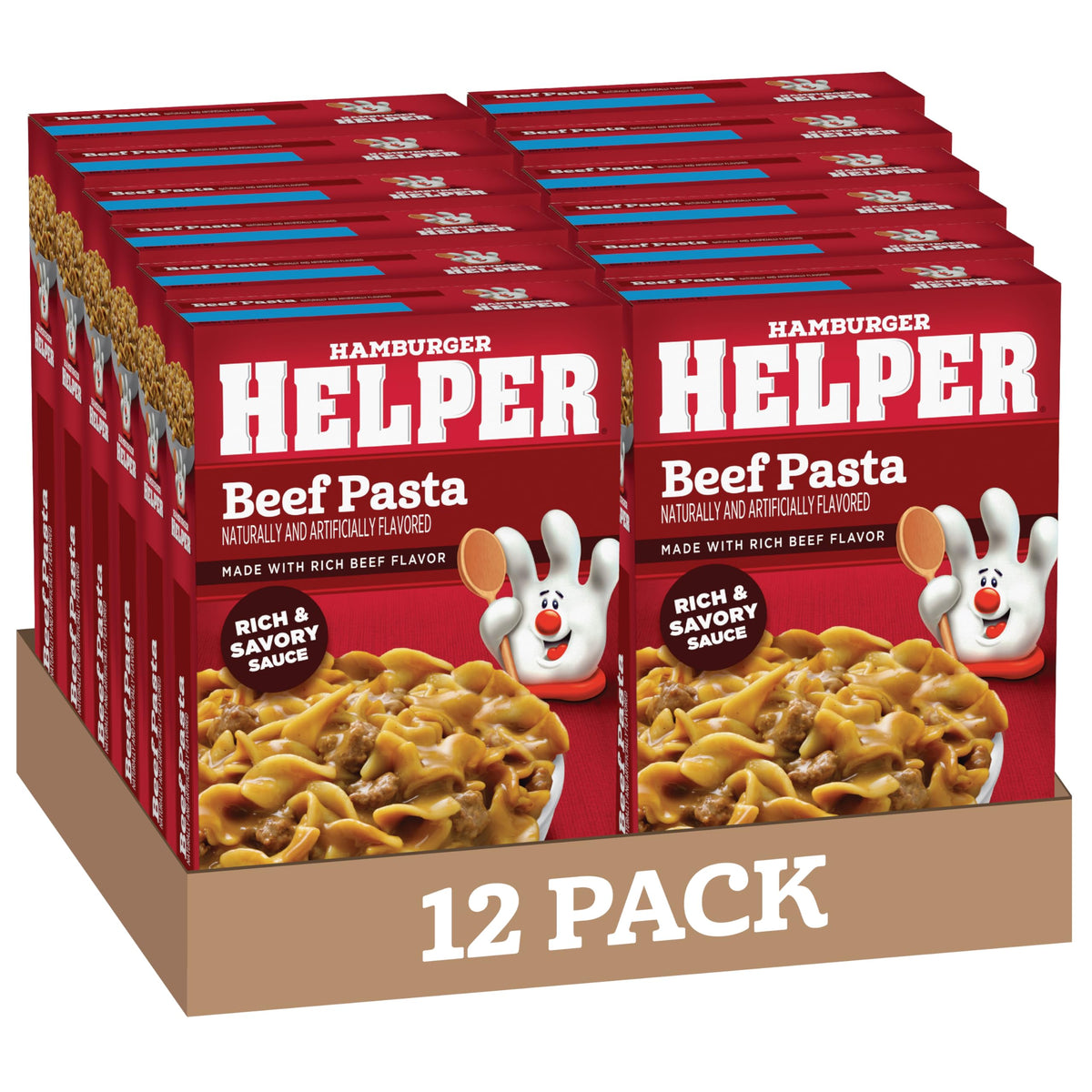 Hamburger Helper paquete frontal mostrando caja y marca, fácil elección para despensa