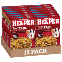 Hamburger Helper paquete frontal mostrando caja y marca, fácil elección para despensa