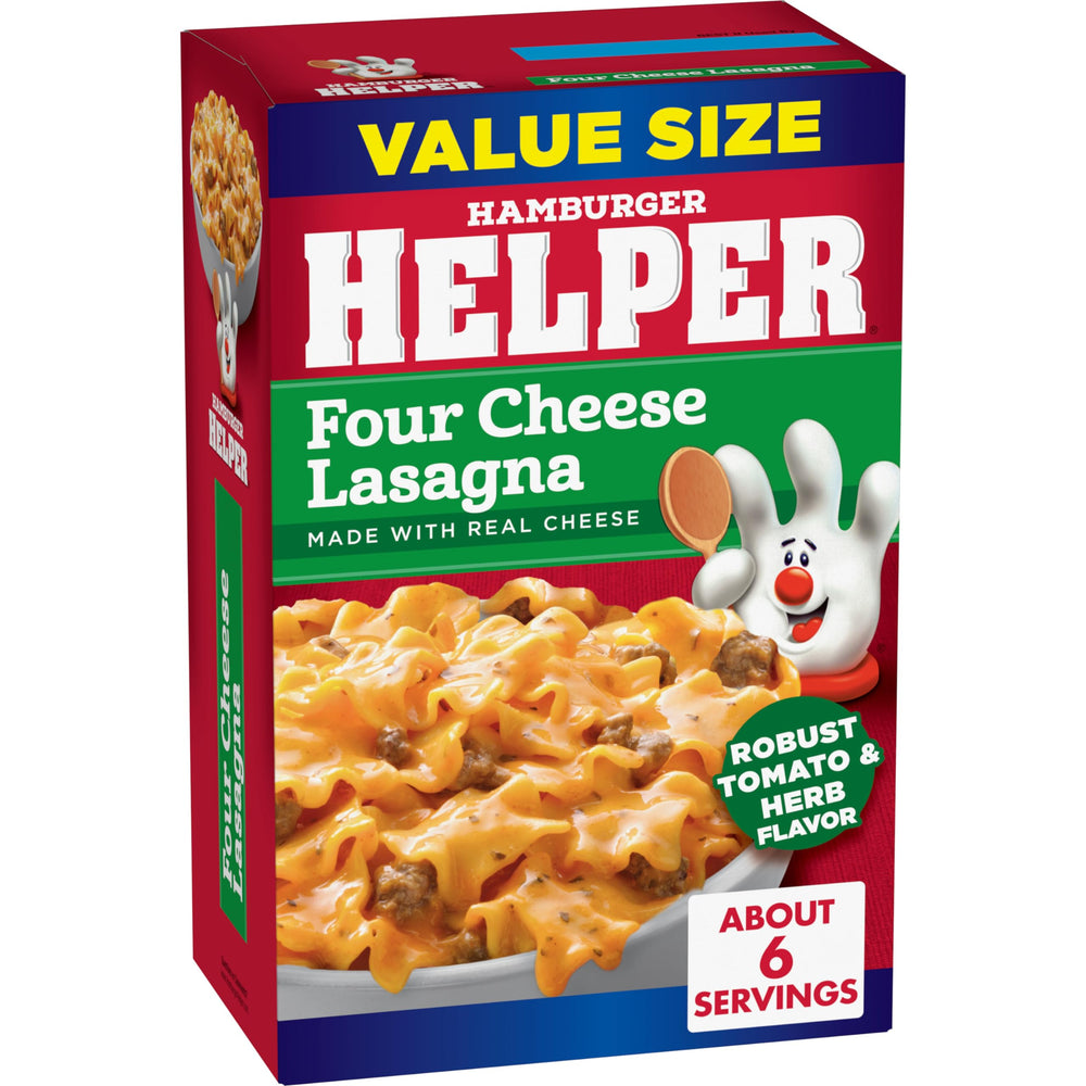 Hamburger Helper plato servido con queso derretido y beneficio de sabor auténtico
