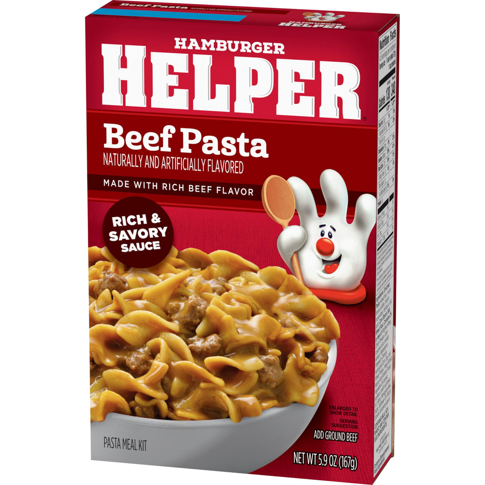 Hamburger Helper plato servido en mesa familiar, cena rápida y reconfortante