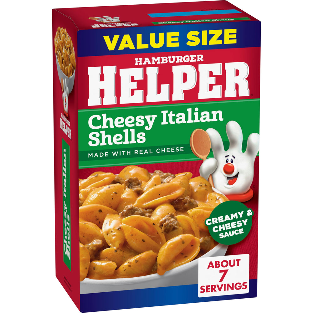 Hamburger Helper conchas y salsa en primer plano textura cremosa y apetitosa