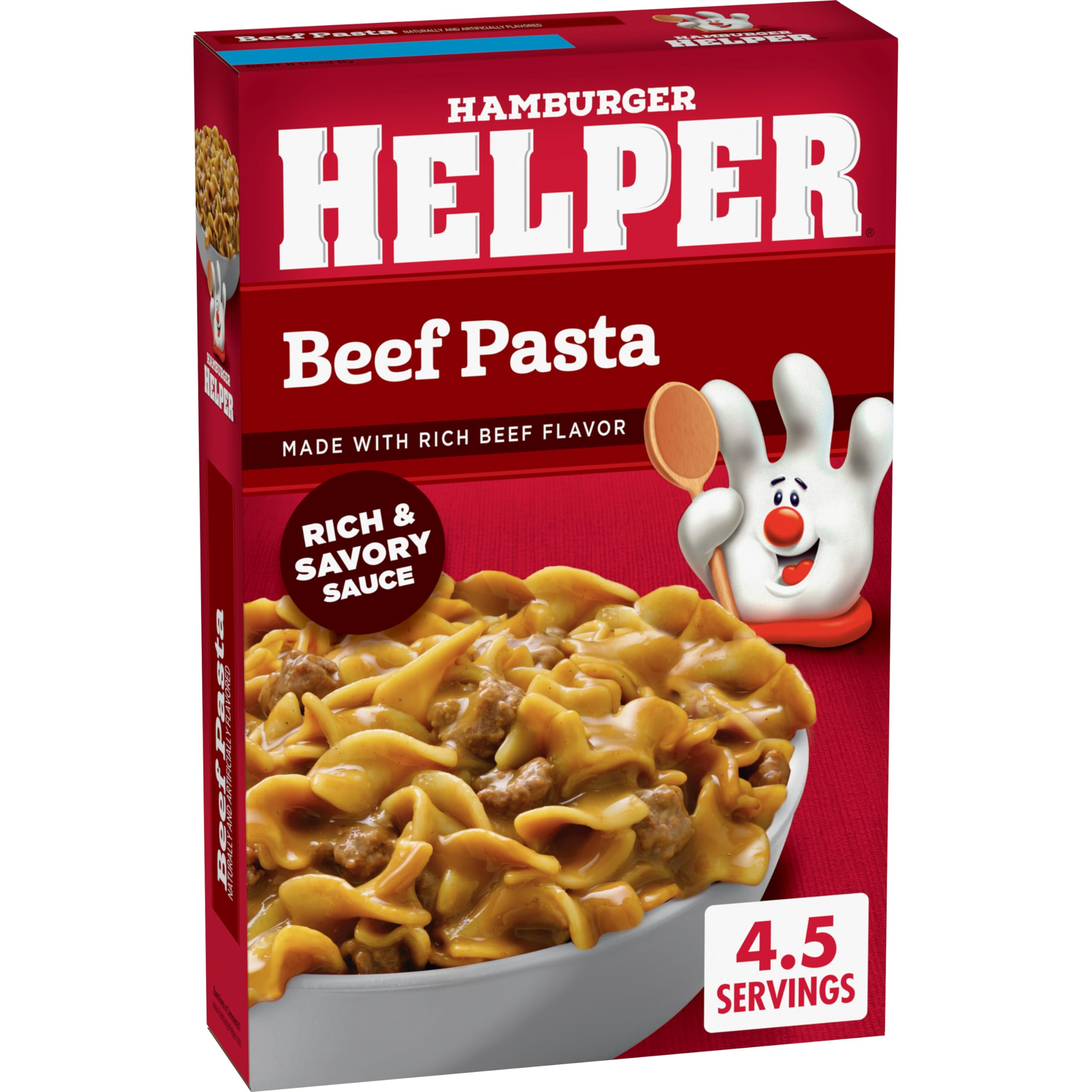 Hamburger Helper primer plano de salsa y pasta, sabor casero visible