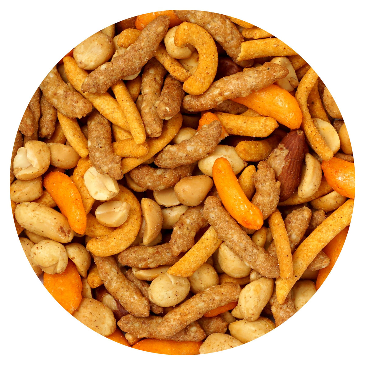 Hampton Distribution bolsa frontal del Cajun Hot Nut Mix mostrando el empaque y sabor