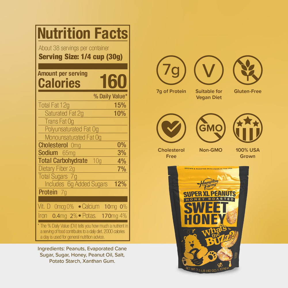 Hampton Farms manos sosteniendo bolsa que muestra tamaño práctico
