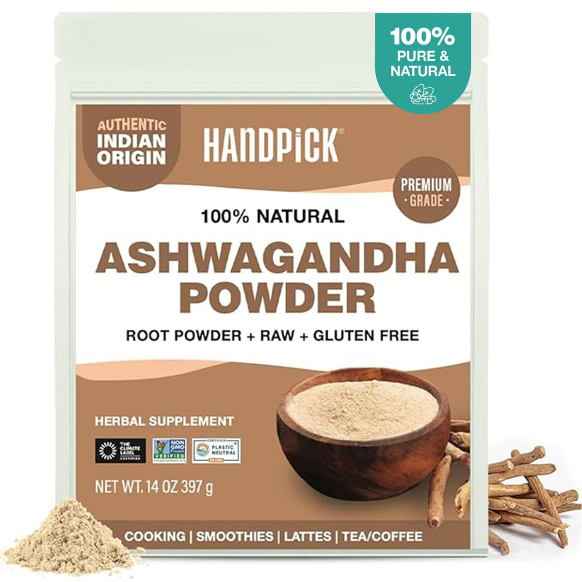 HANDPICK envase frontal de ashwagandha que muestra diseño y tamaño