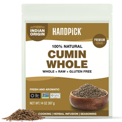 HANDPICK paquete frontal de comino en grano que muestra presentación práctica