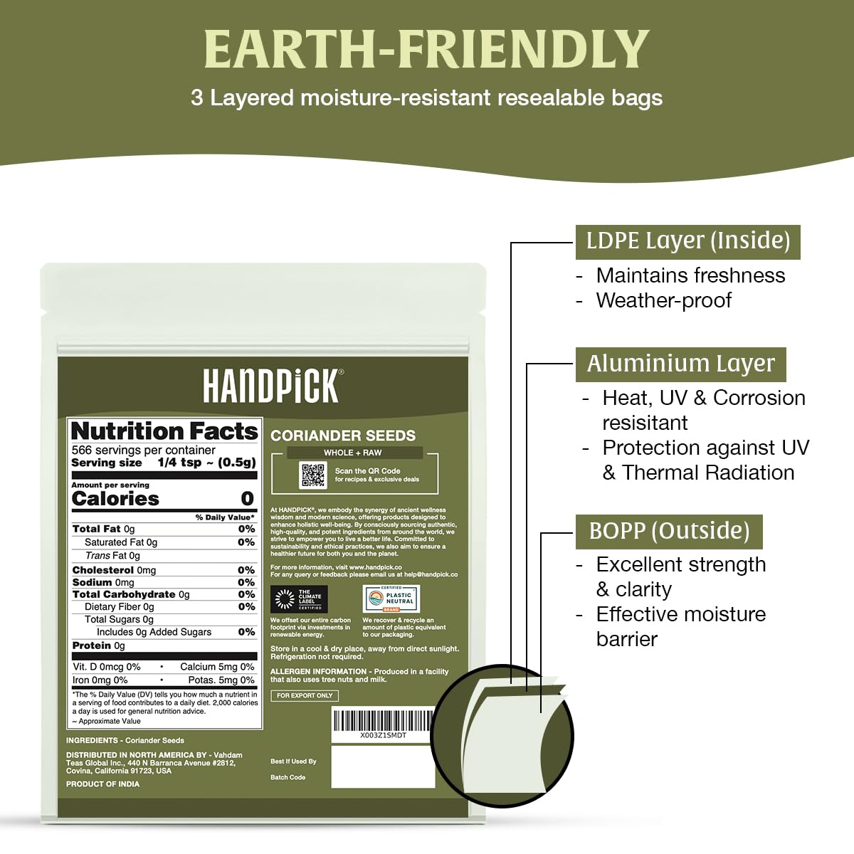 HANDPICK vista lateral del envase enfatizando materiales sostenibles