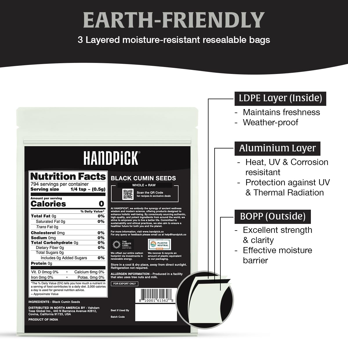 HANDPICK etiqueta mostrando ingredientes y compromiso sostenible