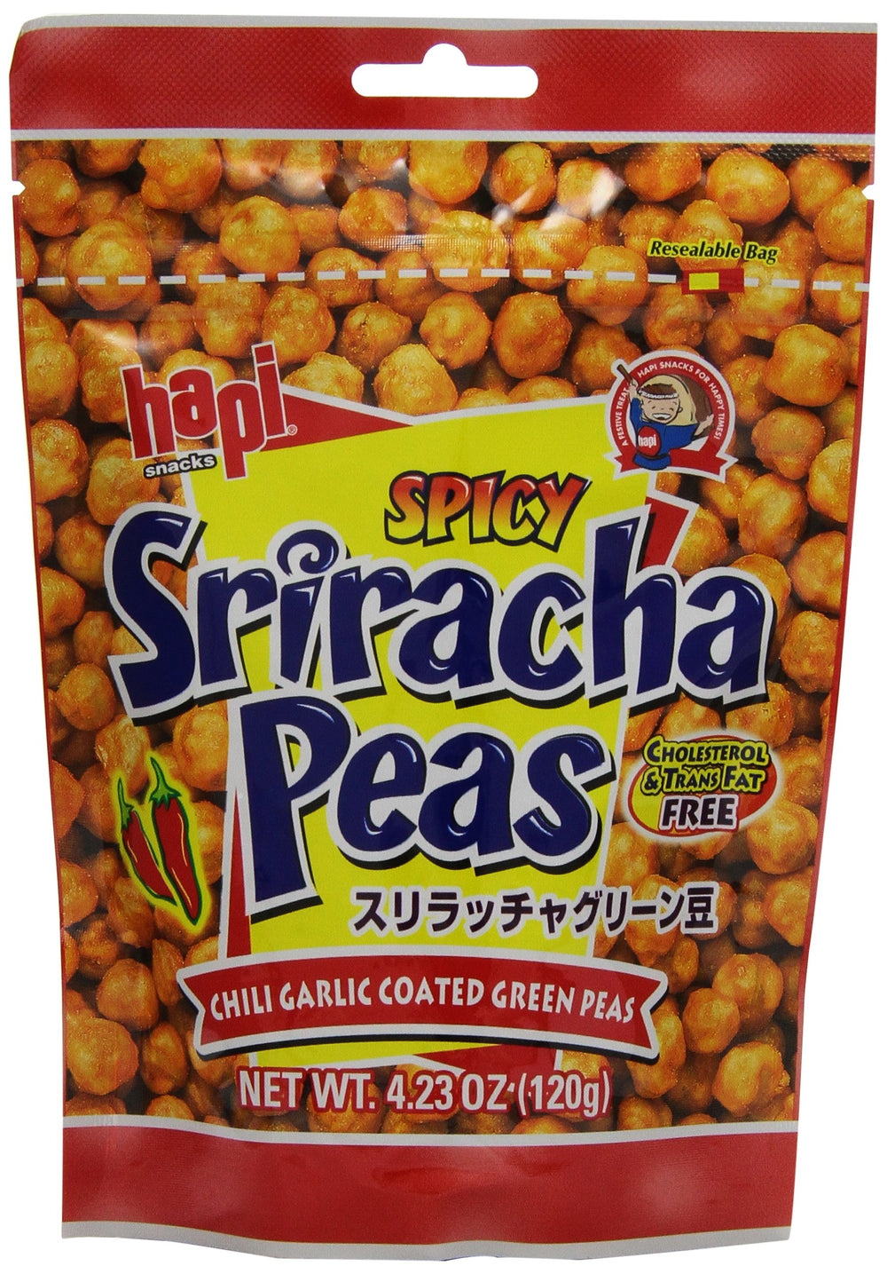 HAPI sriracha peas frente del empaque mostrando marca y diseño atractivo