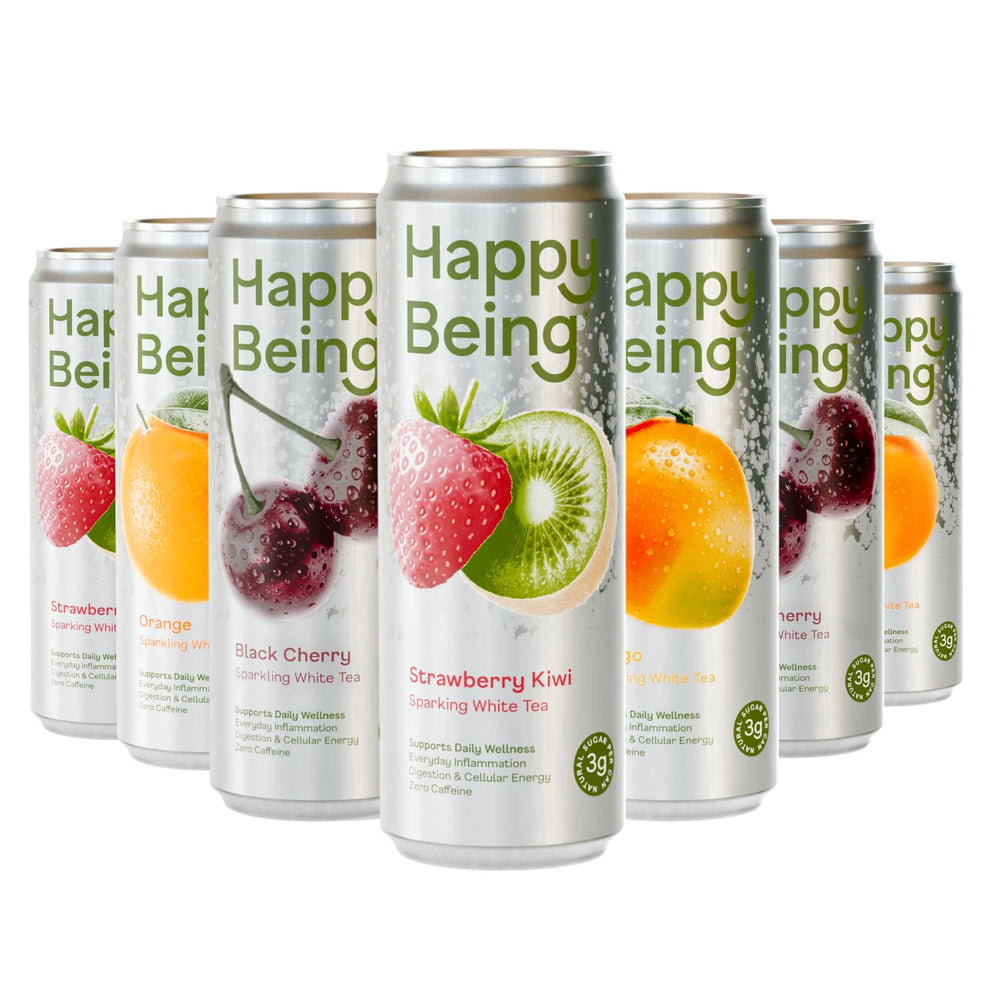 happy being vista frontal del pack de 16 latas mostrando sabores variados y diseño atractivo