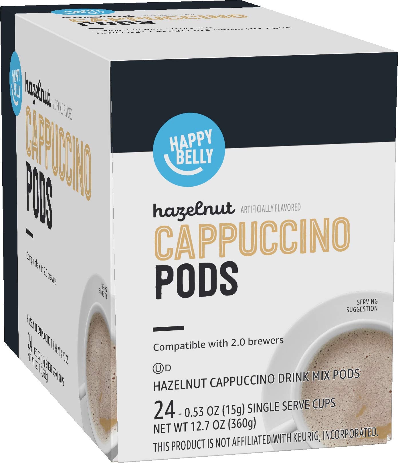 Happy Belly empaque frontal mostrando 24 cápsulas y sabor avellana, conveniencia inmediata