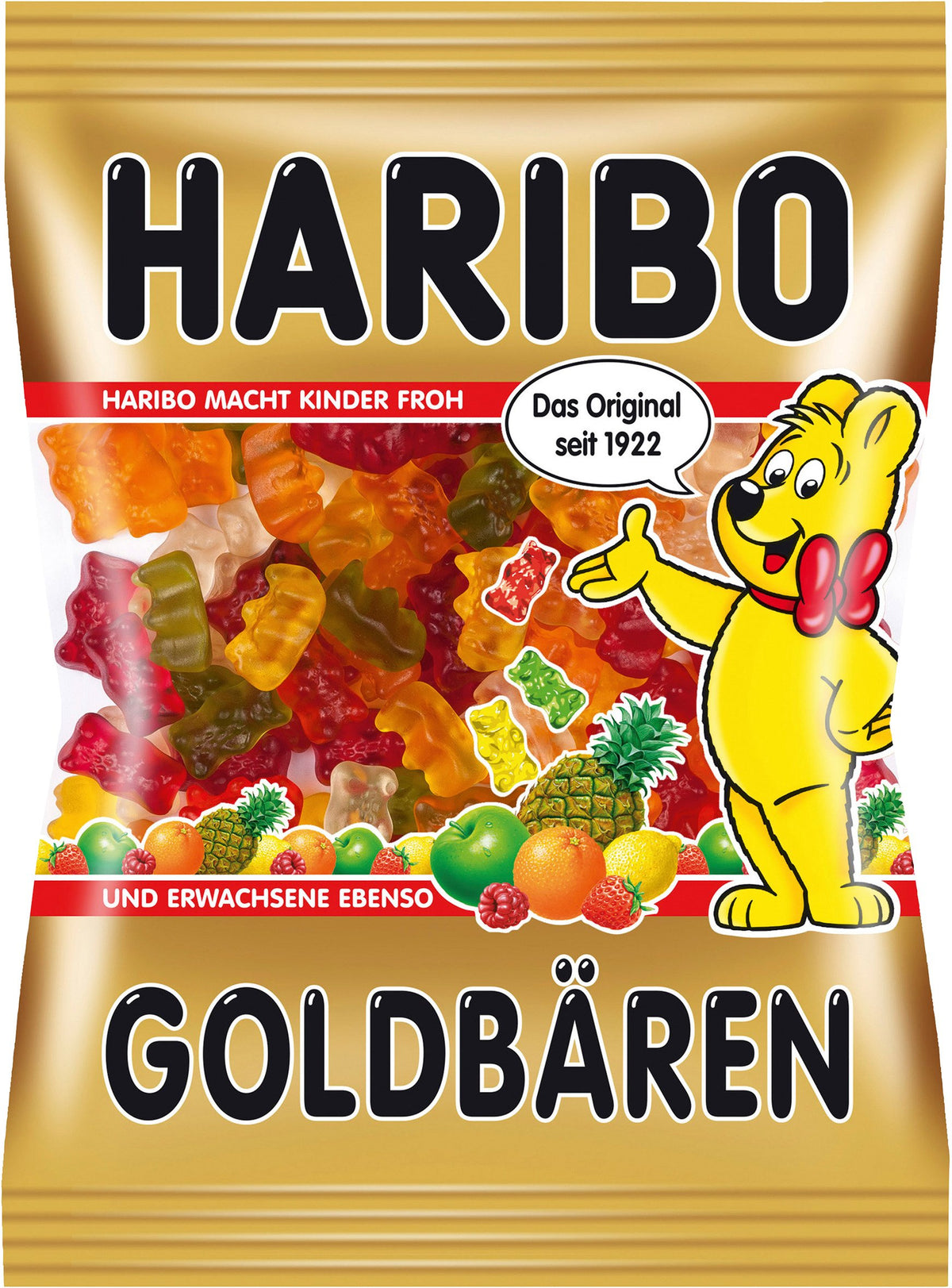Haribo Goldbaren paquete frontal visible, atractivo para compartir
