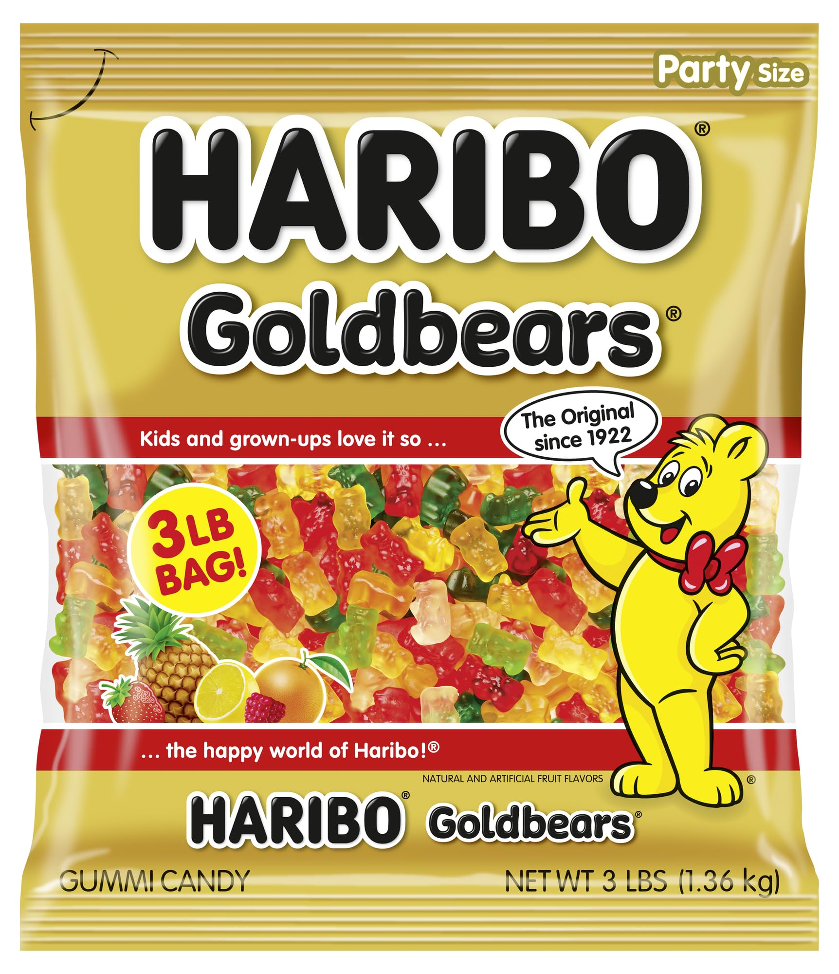 HARIBO Goldbears bolsa frontal mostrando colores y cantidad para compartir