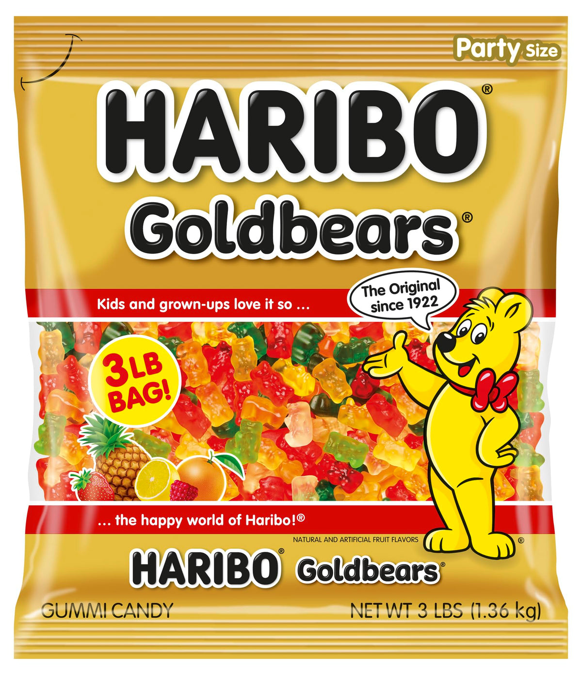 HARIBO Goldbears bolsa frontal mostrando colores y cantidad para compartir